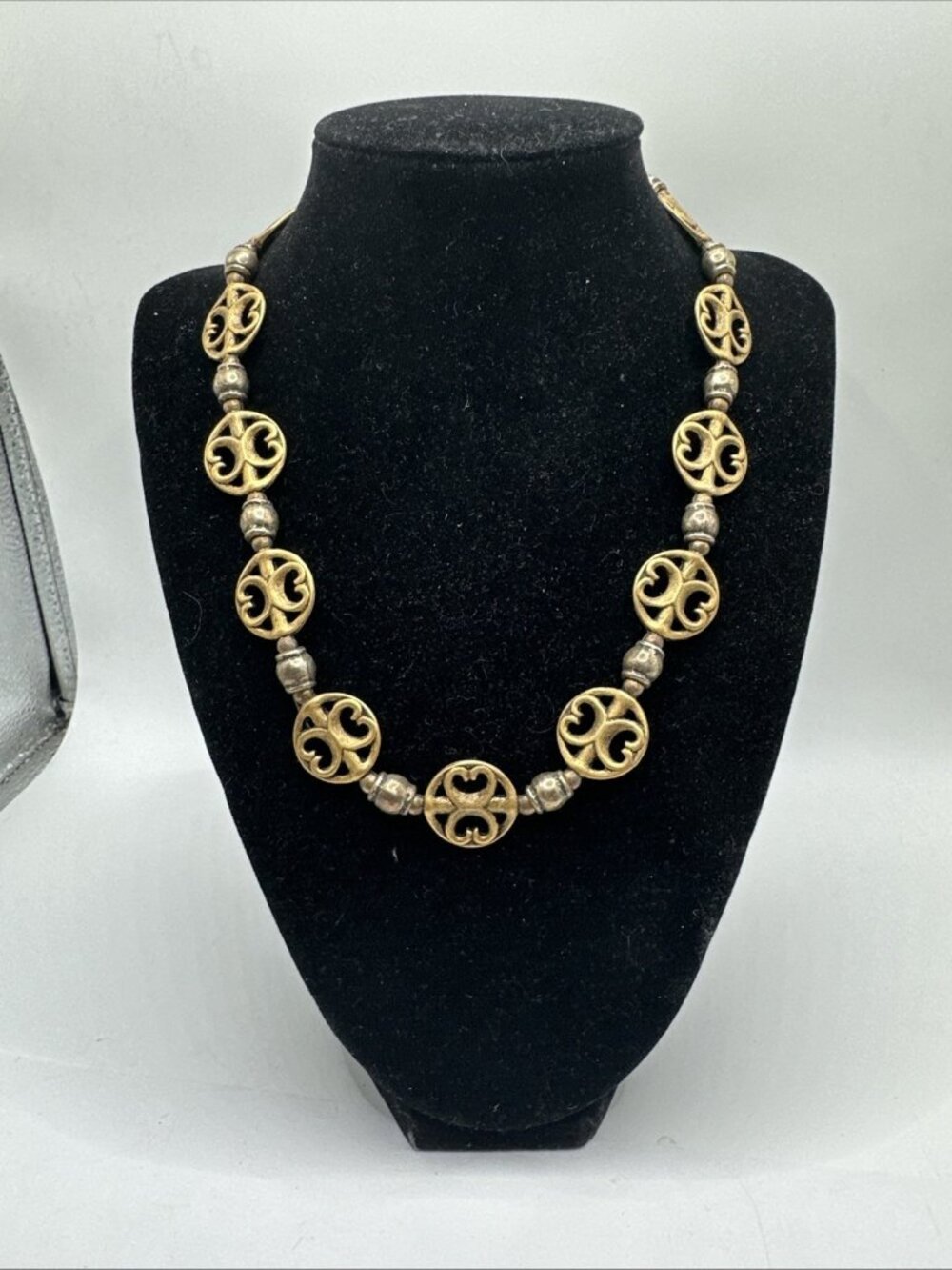 Vintage Brass Tribal Medallion Necklace Boho Ethnic Statement 16” Brass Tone